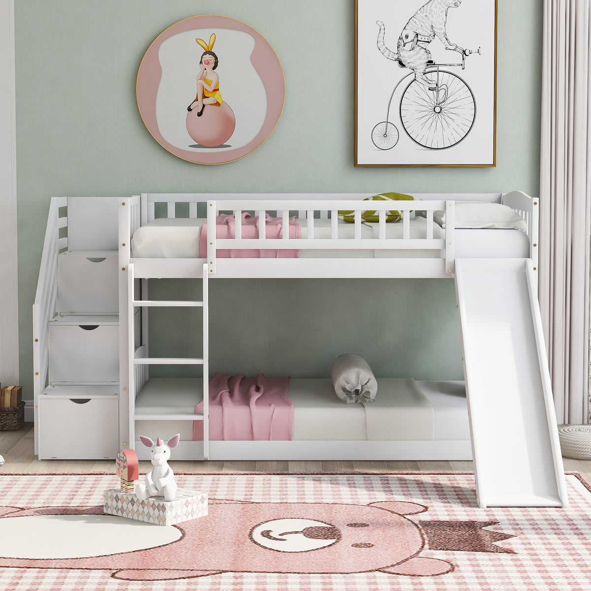 Stairway Twin over Twin Bunk Bed with Two Drawers and Slide, White(OLD SKU :LT000155AAK)