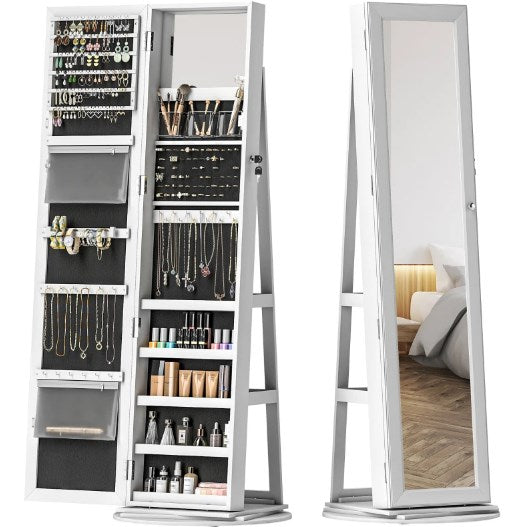 Lockable Jewelry Cabinet Mirror,360° Swivel Full-Length Mirror,with Storage Shelves