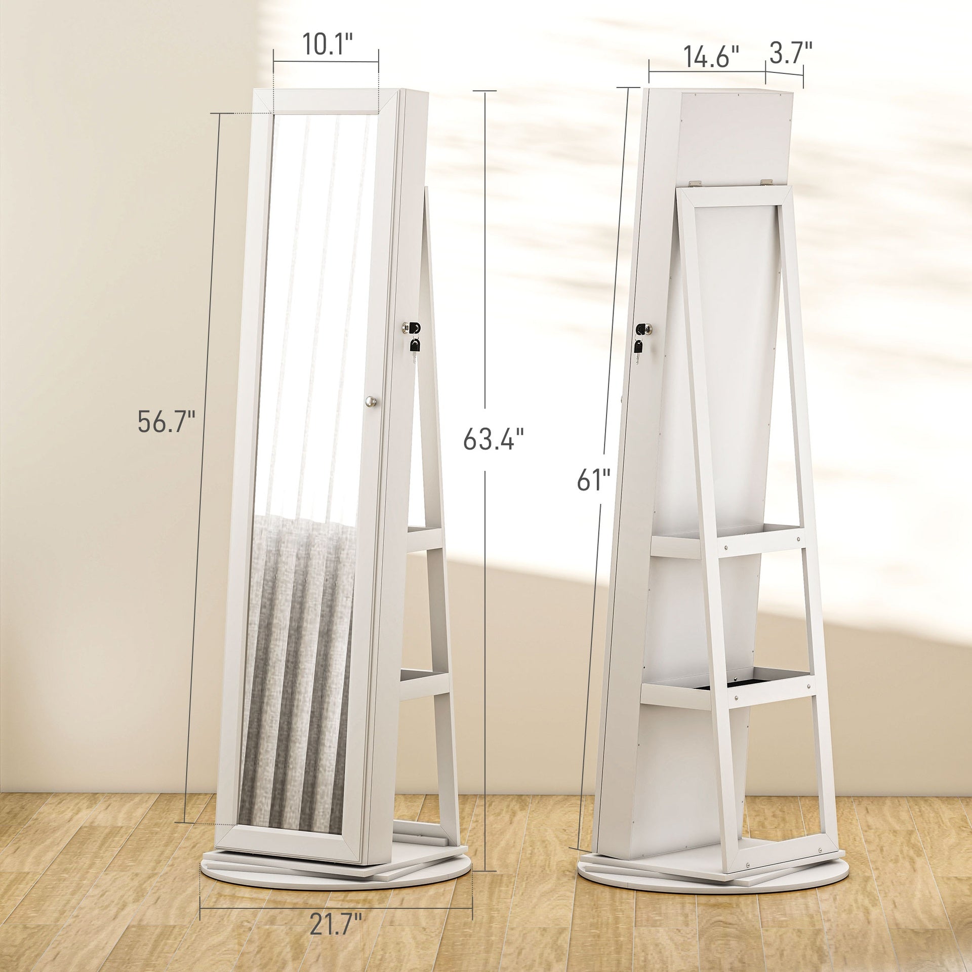 Lockable Jewelry Cabinet Mirror,360° Swivel Full-Length Mirror,with Storage Shelves