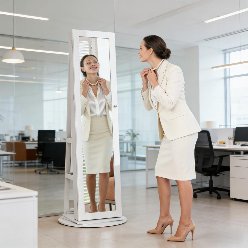 Lockable Jewelry Cabinet Mirror,360° Swivel Full-Length Mirror,with Storage Shelves