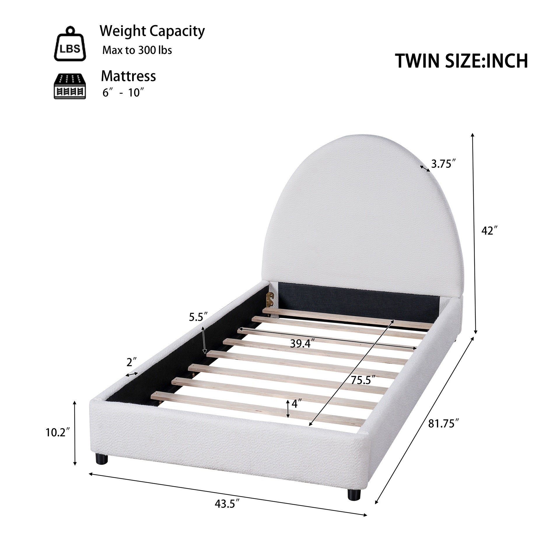 Twin Size Bed Frame With Boucle Upholstered Round Curved Headboard, White