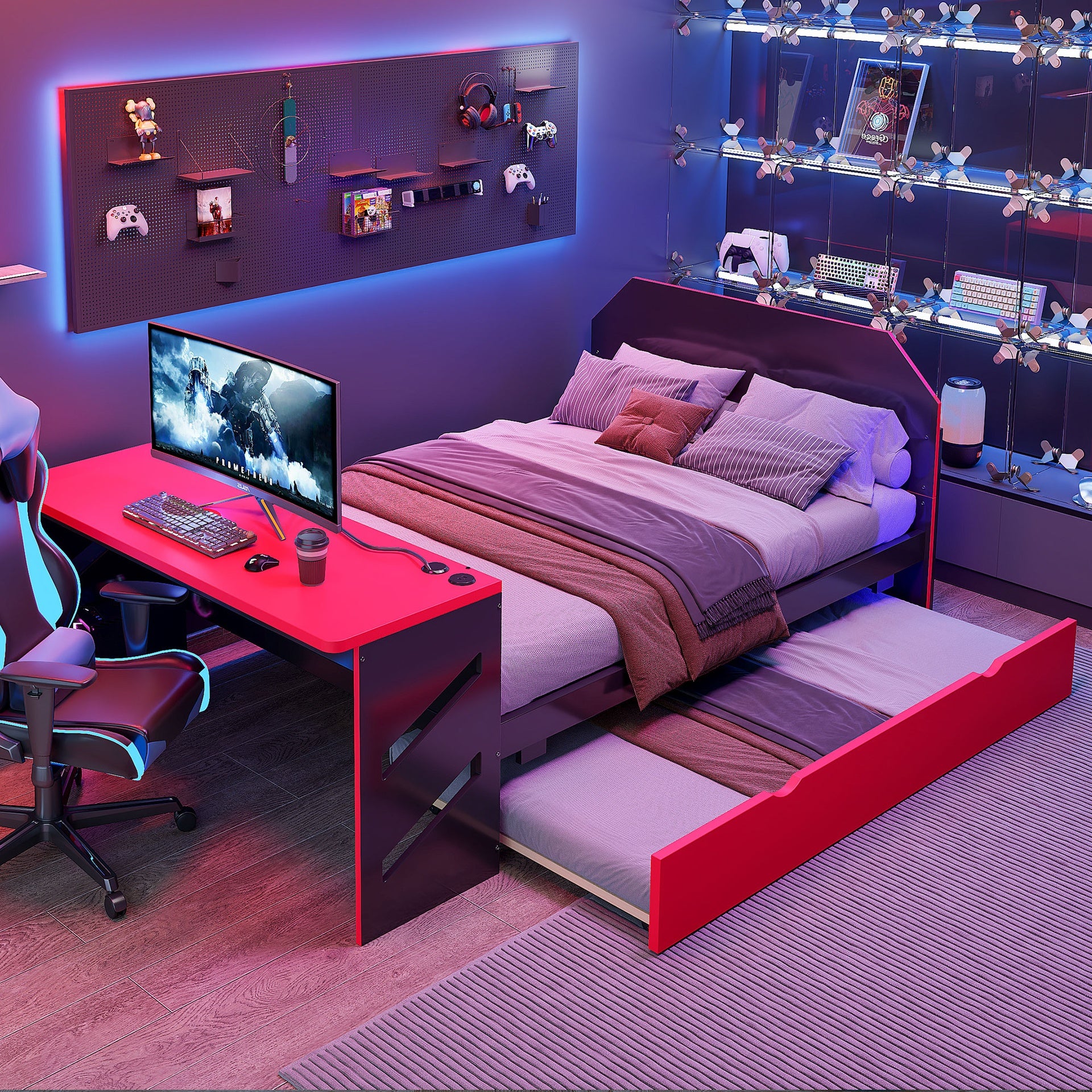 Full Size Wood Daybed with Twin Size Trundle,Desk and USB,Red