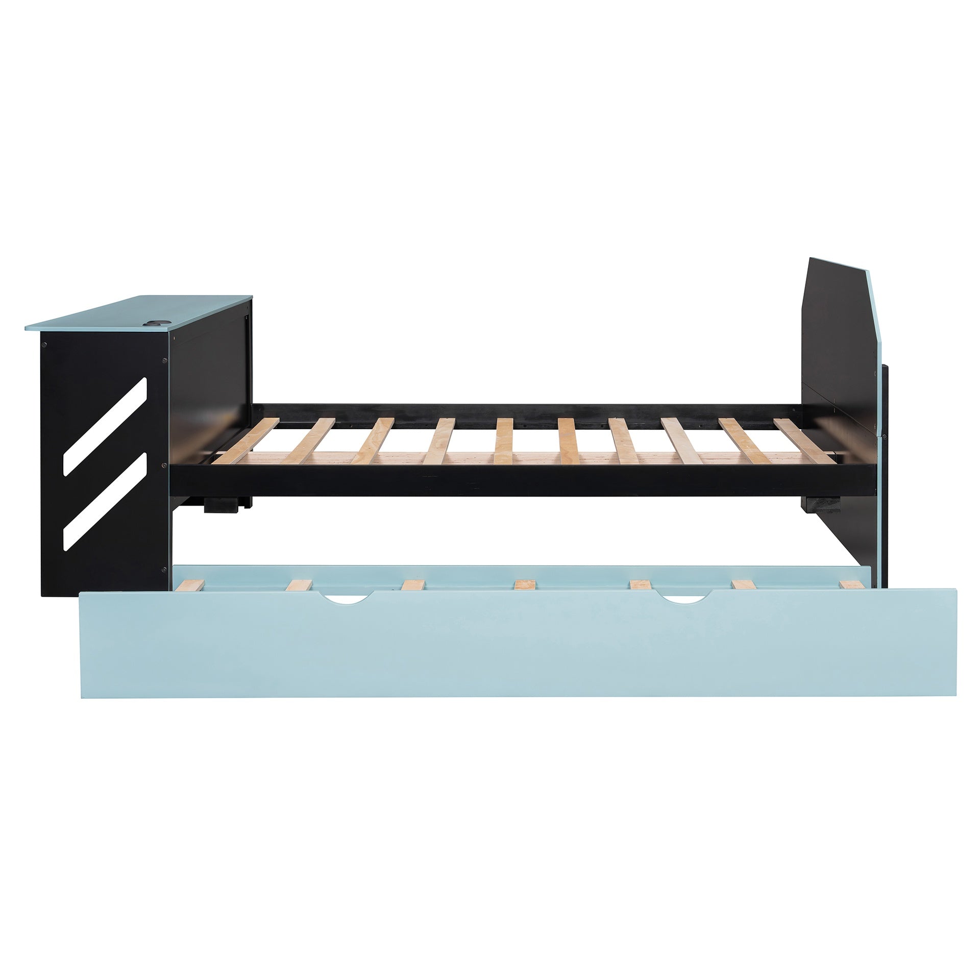 Full Size Wood Daybed with Twin Size Trundle,Desk and USB,Cloud Blue