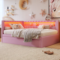 Upholstered Full Size Platform Bed with USB Ports and LED Belt, With Trundle, Pink