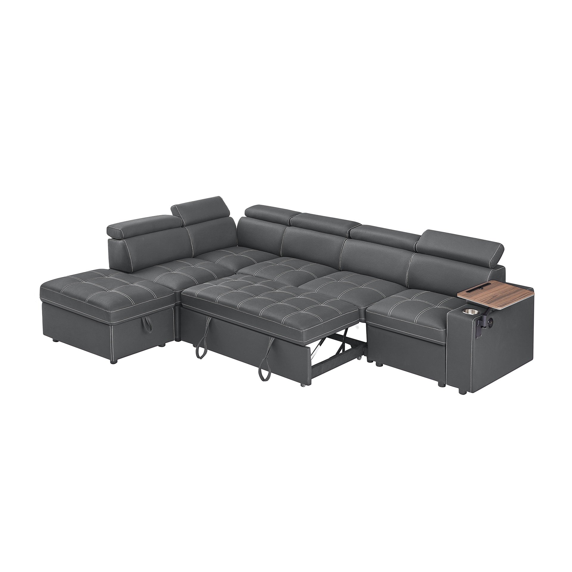 Grey Fabric Sectional Sofa with Storage Ottoman