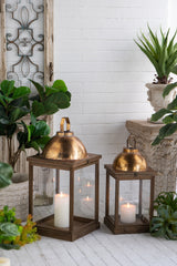 S/2 Brown Wooden Lanterns with Clear Glass Panels and Gold Metal Dome Accents, L:14x14x28.5"  S:11x11x23"