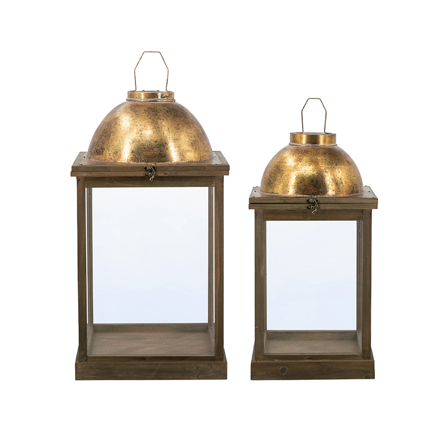 S/2 Brown Wooden Lanterns with Clear Glass Panels and Gold Metal Dome Accents, L:14x14x28.5"  S:11x11x23"