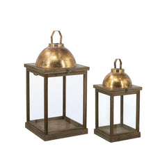 S/2 Brown Wooden Lanterns with Clear Glass Panels and Gold Metal Dome Accents, L:14x14x28.5"  S:11x11x23"
