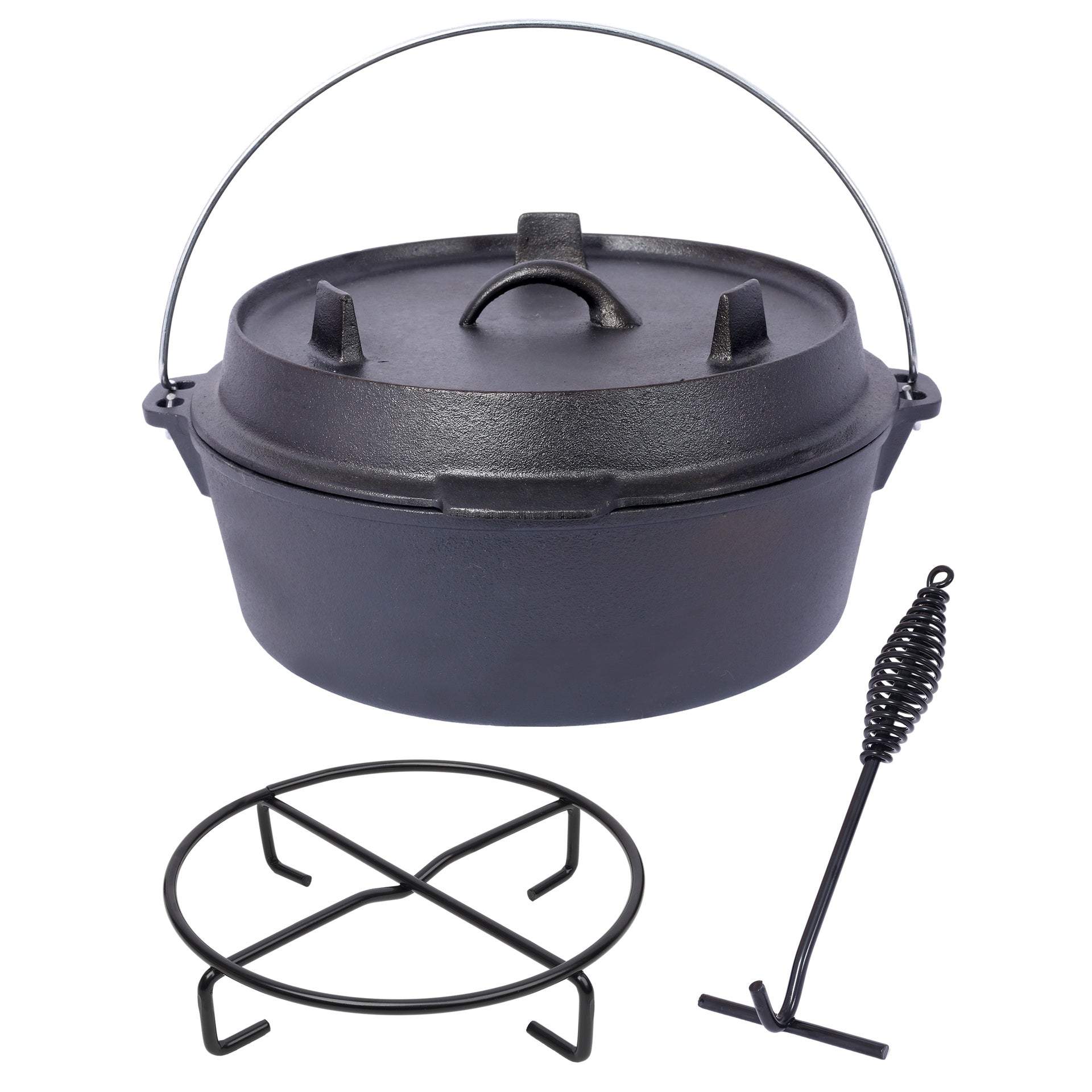 Pre-Seasoned Cast Iron Dutch Oven With Skillet Lid, Outdoor Camping Deep Pot for Camping Fireplace Cooking BBQ Baking Campfire, With Iron Pot Rack, 4.5 Quart