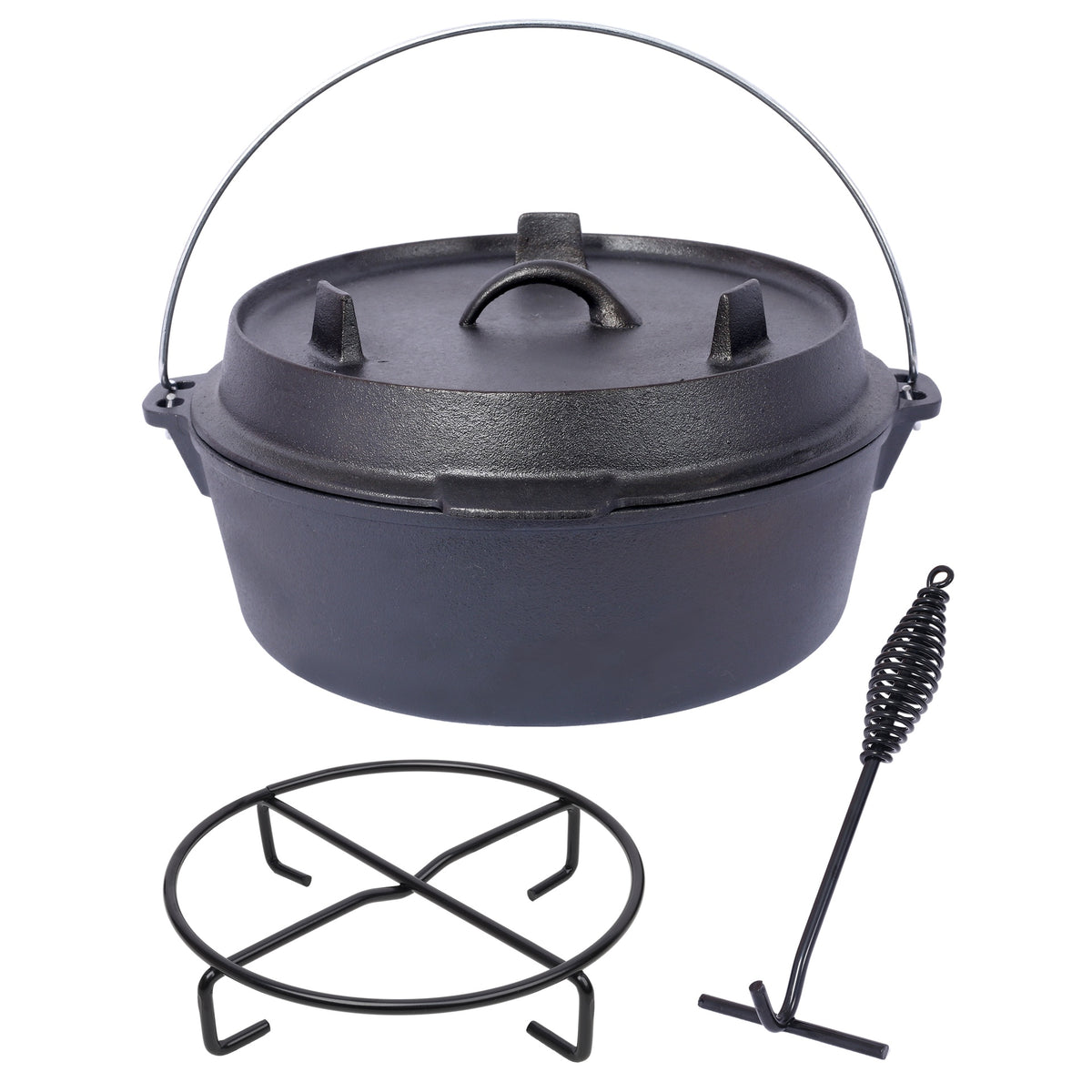 Pre-Seasoned Cast Iron Dutch Oven With Skillet Lid, Outdoor Camping Deep Pot for Camping Fireplace Cooking BBQ Baking Campfire, With Iron Pot Rack, 4.5 Quart