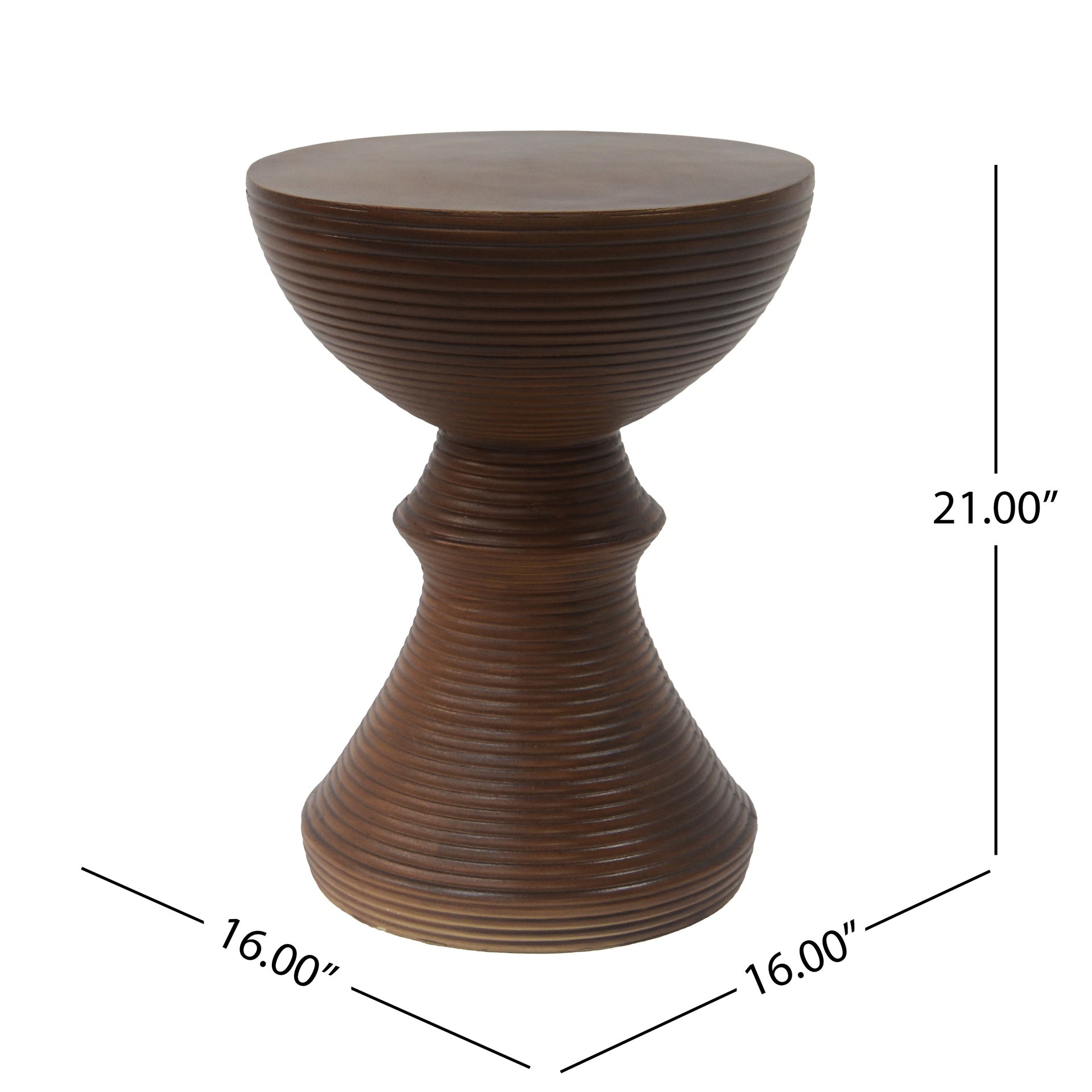 16" Ribbed Brown Concrete Outdoor Side Table with Hourglass Design – Weather-Resistant Accent for Patio, Garden, or Balcony