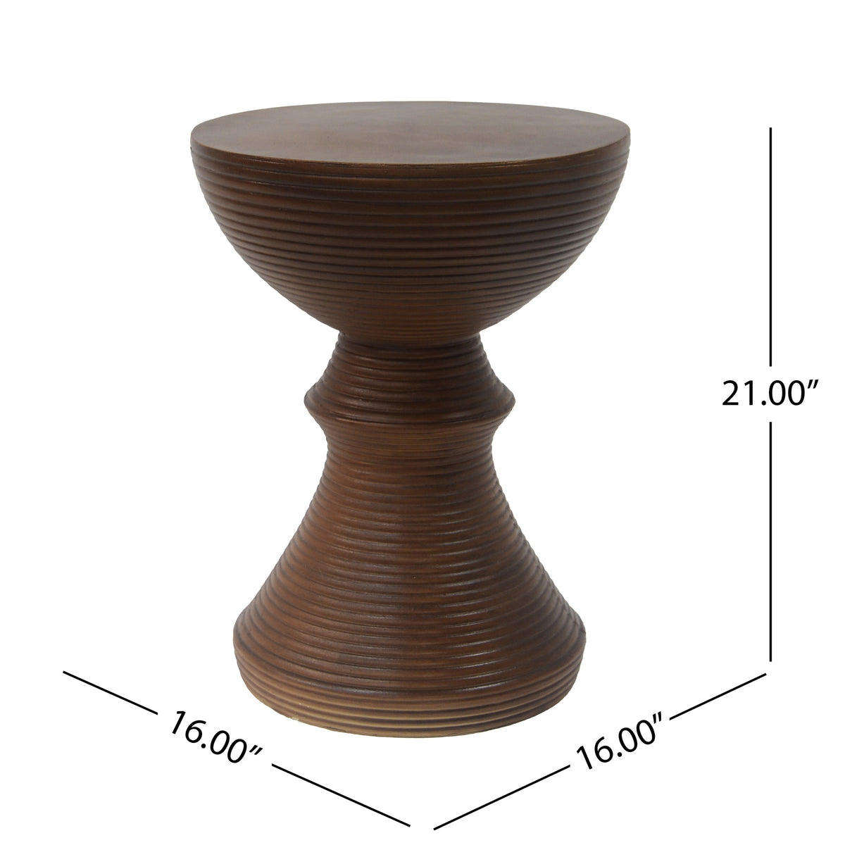16" Ribbed Brown Concrete Outdoor Side Table with Hourglass Design – Weather-Resistant Accent for Patio, Garden, or Balcony