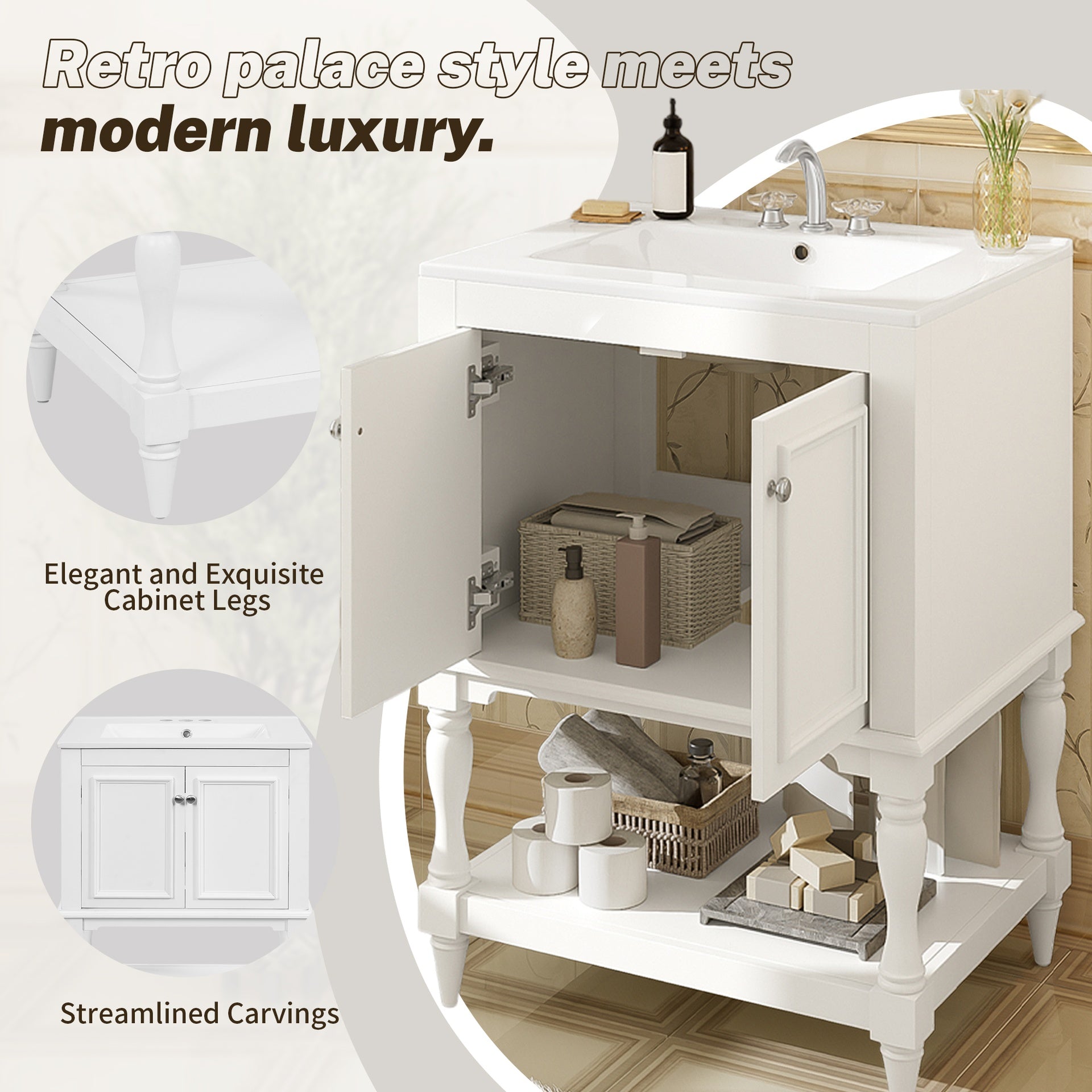 24 inch Modern Luxury Bathroom Vanity with Ceramic Sink, Bathroom Cabinet with Open Shelf and Closed Storage