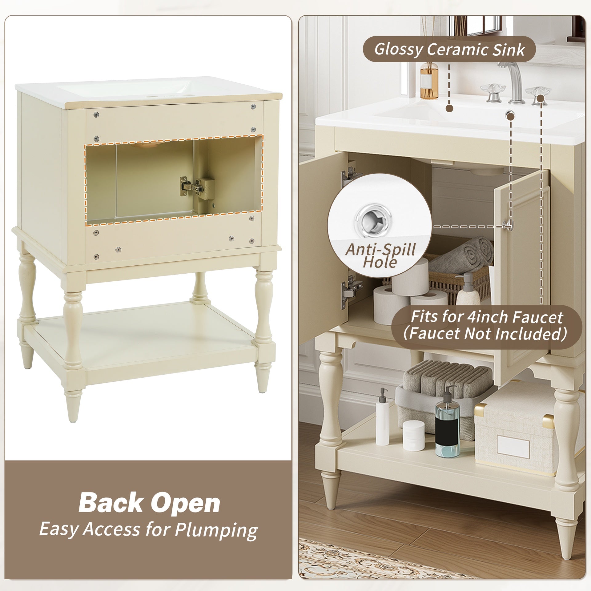 24 inch Modern Luxury Bathroom Vanity with Ceramic Sink, Bathroom Cabinet with Open Shelf and Closed Storage