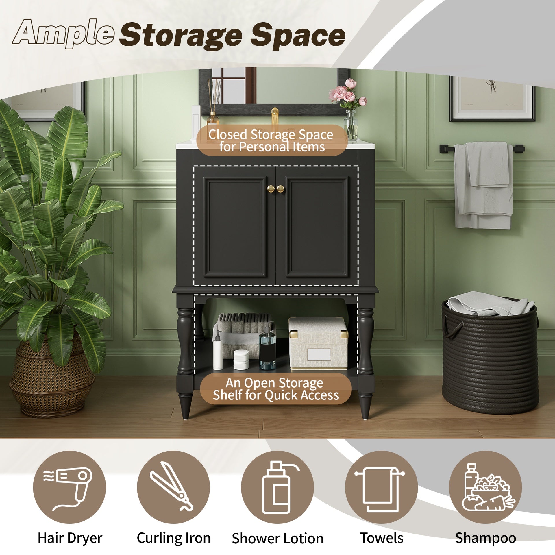 24 inch Modern Luxury Bathroom Vanity with Ceramic Sink, Bathroom Cabinet with Open Shelf and Closed Storage