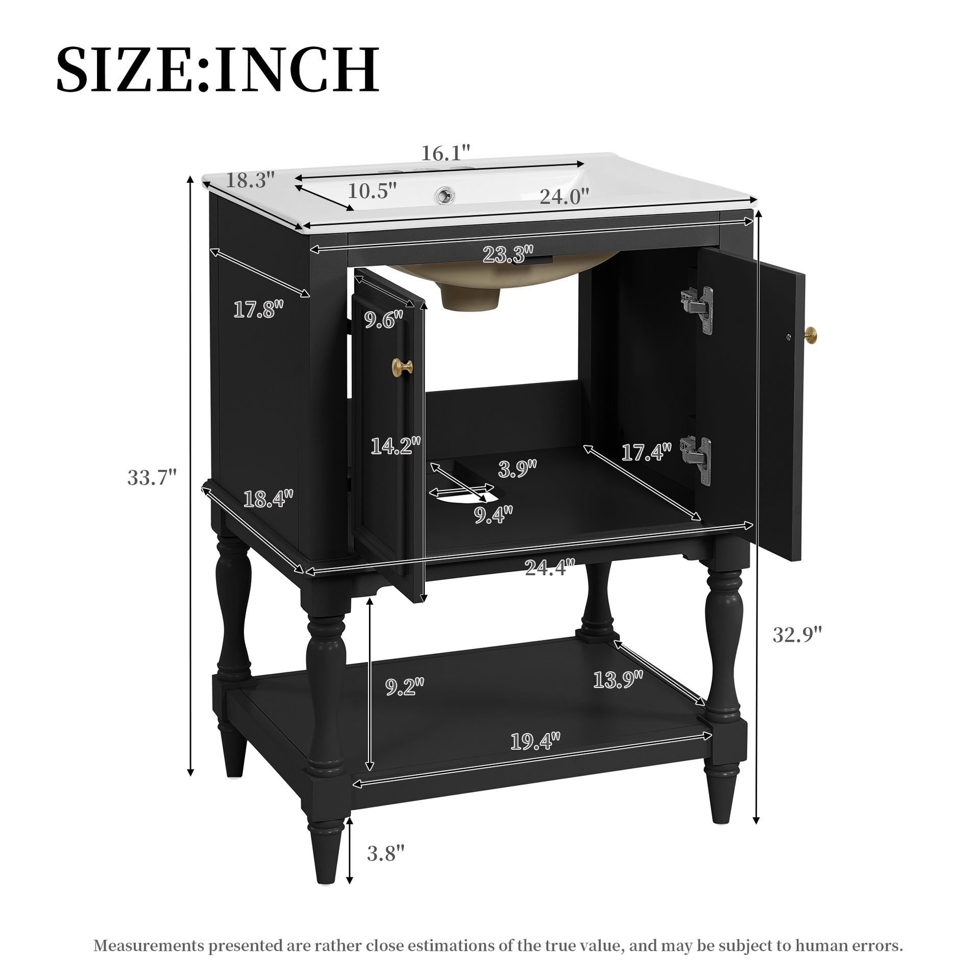 24 inch Modern Luxury Bathroom Vanity with Ceramic Sink, Bathroom Cabinet with Open Shelf and Closed Storage