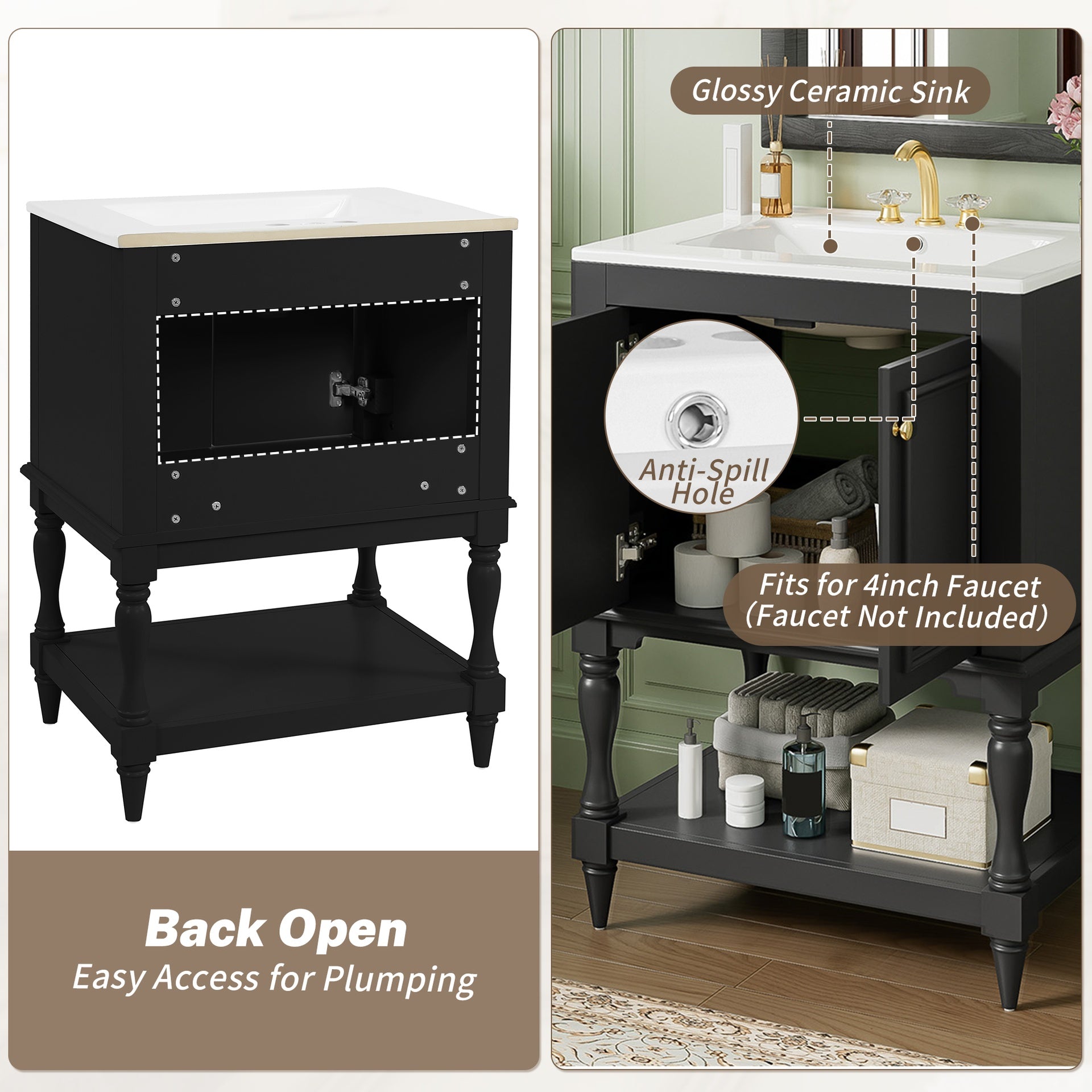 24 inch Modern Luxury Bathroom Vanity with Ceramic Sink, Bathroom Cabinet with Open Shelf and Closed Storage