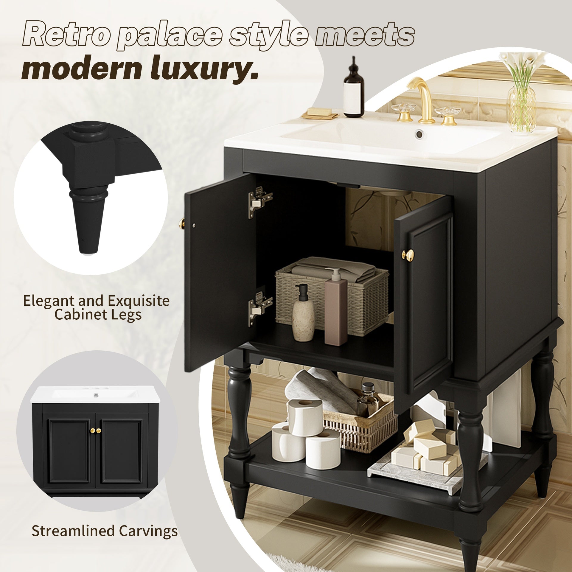 24 inch Modern Luxury Bathroom Vanity with Ceramic Sink, Bathroom Cabinet with Open Shelf and Closed Storage