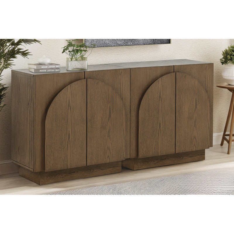 Mid-Century Modern Sideboard Buffet, Living Room Wood Storage Cabinet with Arched Cabinet Doors, Brown Credenza Cabinet for Kitchen or Living Room, Brown