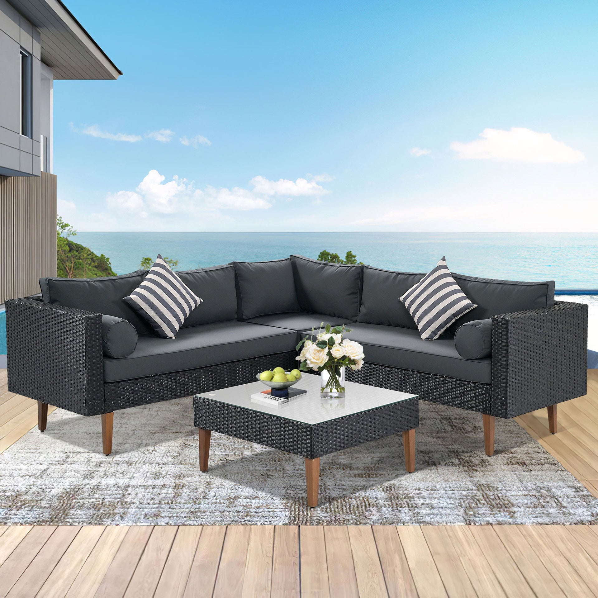 <Old SKU: FG201221AAE> GO 4-pieces Outdoor Wicker Sofa Set, Patio Furniture with Colorful Pillows, L-shape sofa set, Gray cushions and Black Rattan