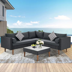 <Old SKU: FG201221AAE> GO 4-pieces Outdoor Wicker Sofa Set, Patio Furniture with Colorful Pillows, L-shape sofa set, Gray cushions and Black Rattan