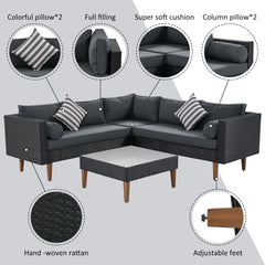 <Old SKU: FG201221AAE> GO 4-pieces Outdoor Wicker Sofa Set, Patio Furniture with Colorful Pillows, L-shape sofa set, Gray cushions and Black Rattan