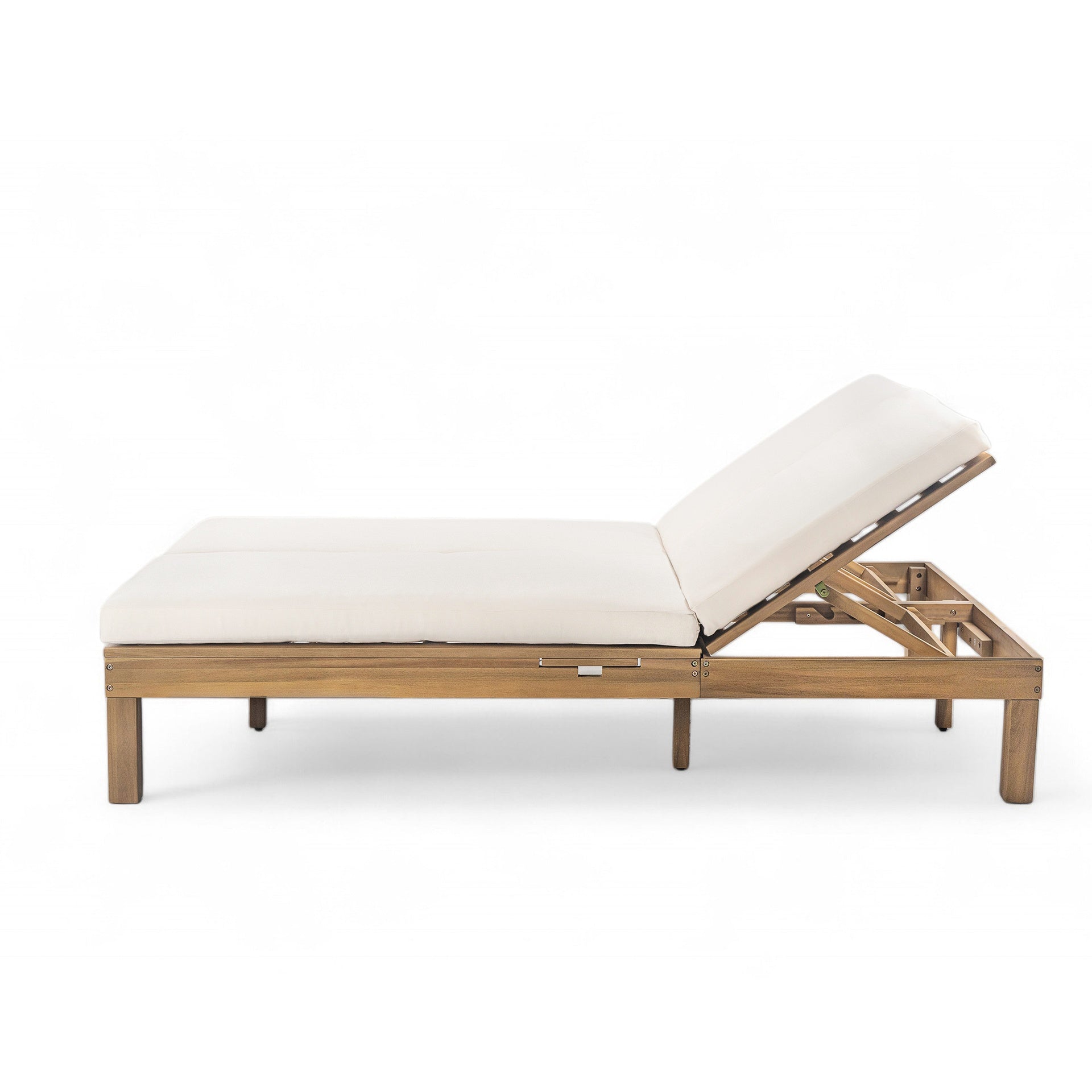 TREXM 5-Position Adjustable Backrest Double Chaise Lounge Outdoor, Outdoor Chaise Lounge with Cushion and Folding Side Trays for 2 People, Patio Double Chaise Lounge for Poolside Garden, Light Teak