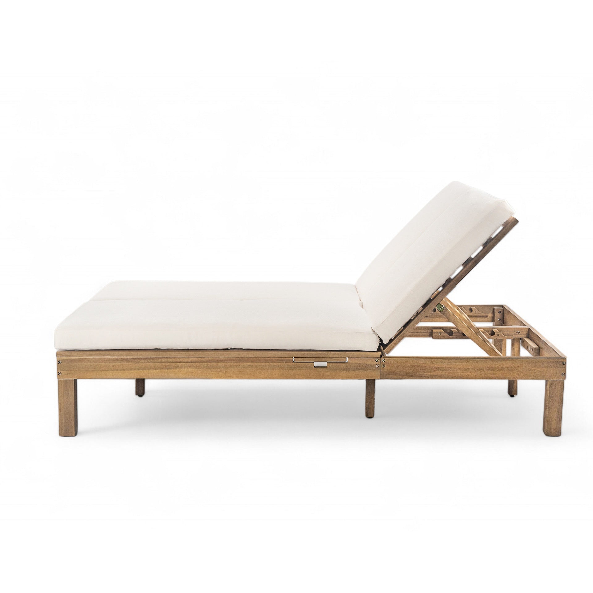 TREXM 5-Position Adjustable Backrest Double Chaise Lounge Outdoor, Outdoor Chaise Lounge with Cushion and Folding Side Trays for 2 People, Patio Double Chaise Lounge for Poolside Garden, Light Teak