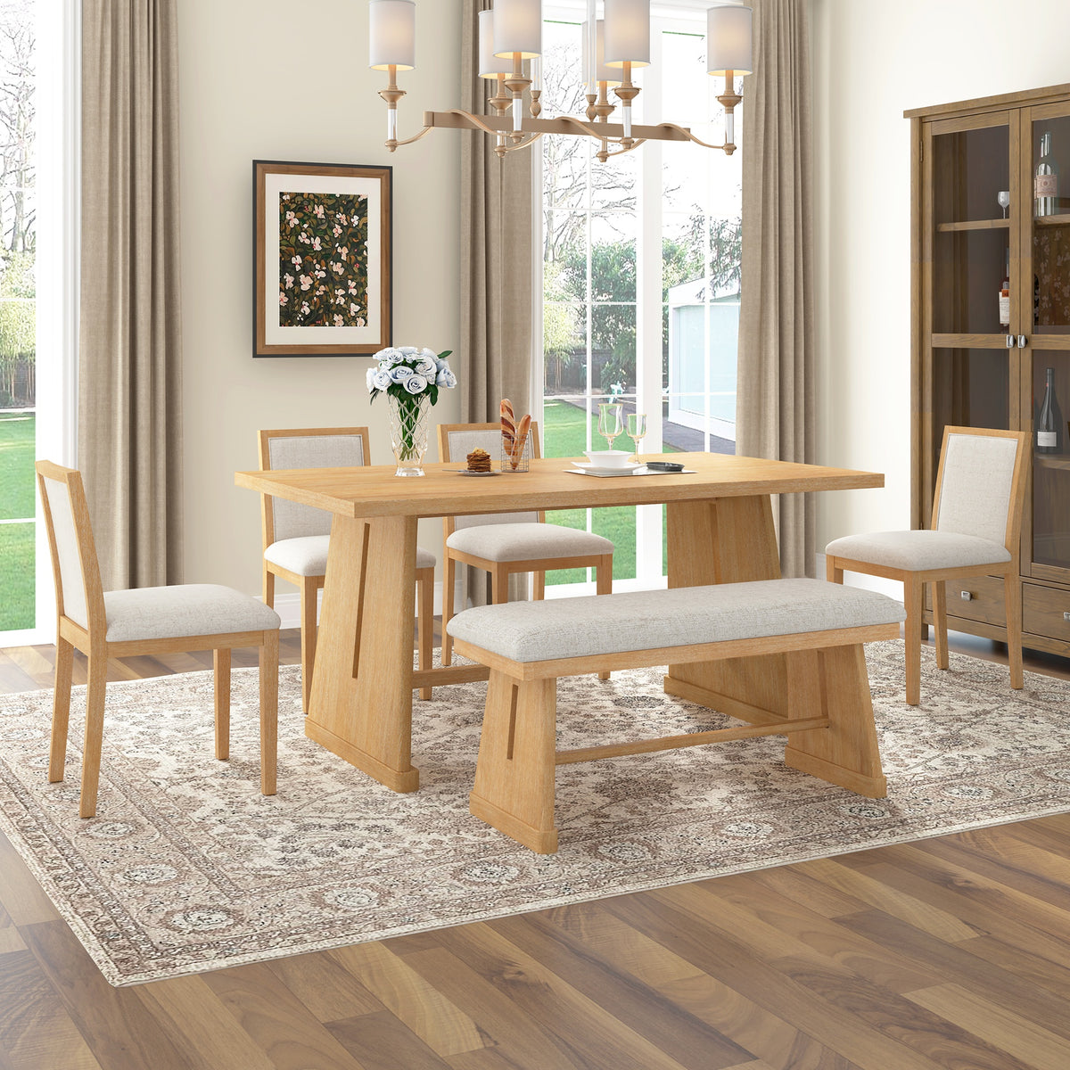 TREXM 6-Piece Rustic Farmhouse Dining Table Set with Wire Brushed Design, Rectangular Dining Table with Trapezoid Legs, 4 Upholstered Linen Chairs & 1 Padded Bench for Dining Room & Kitchen (Natural)