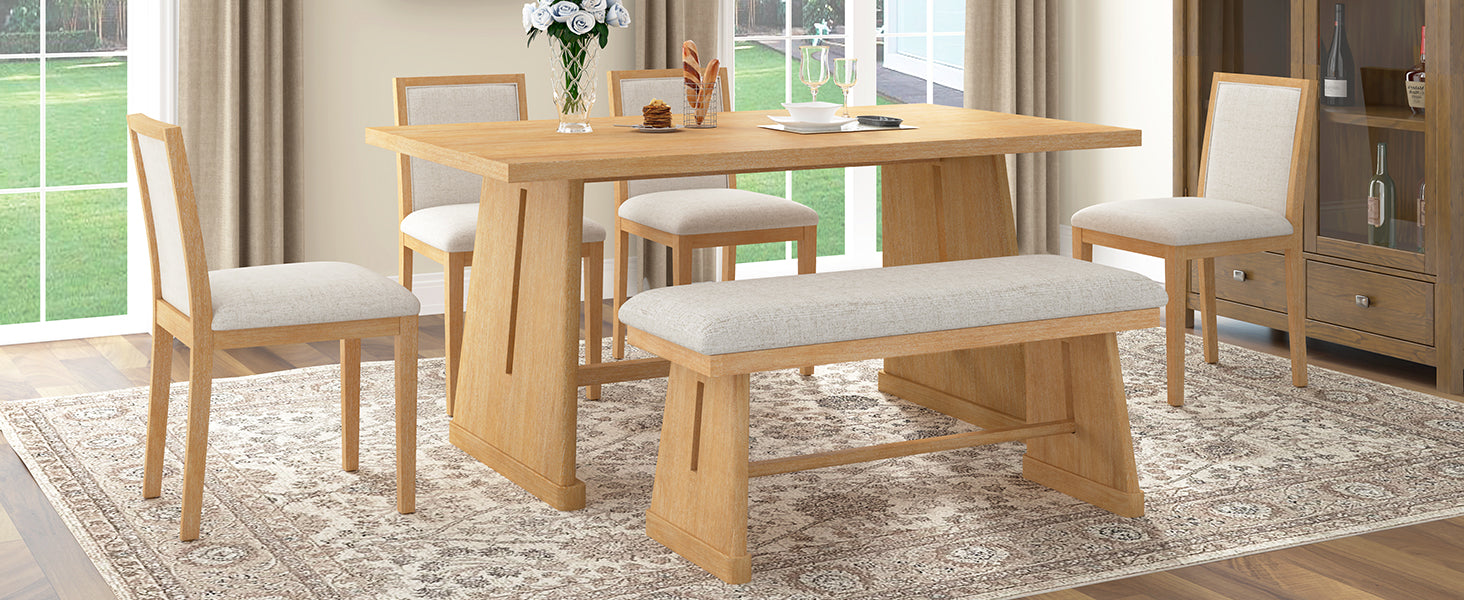 TREXM 6-Piece Rustic Farmhouse Dining Table Set with Wire Brushed Design, Rectangular Dining Table with Trapezoid Legs, 4 Upholstered Linen Chairs & 1 Padded Bench for Dining Room & Kitchen (Natural)