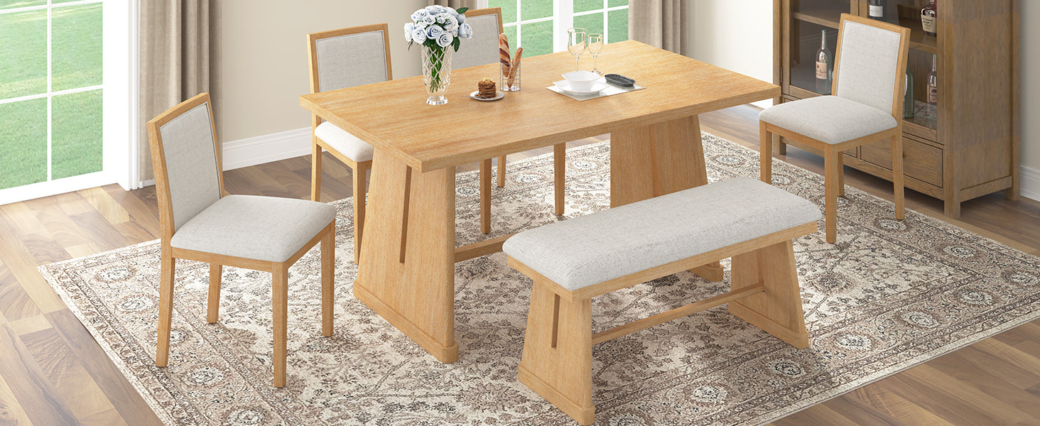 TREXM 6-Piece Rustic Farmhouse Dining Table Set with Wire Brushed Design, Rectangular Dining Table with Trapezoid Legs, 4 Upholstered Linen Chairs & 1 Padded Bench for Dining Room & Kitchen (Natural)
