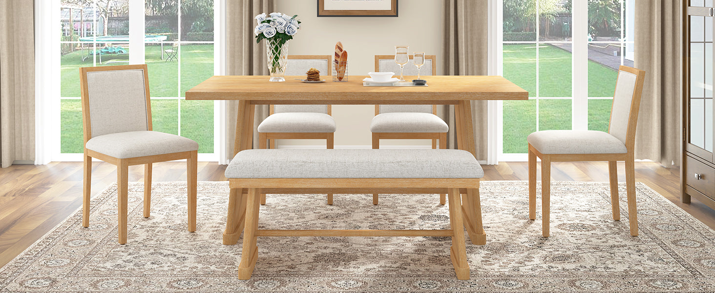 TREXM 6-Piece Rustic Farmhouse Dining Table Set with Wire Brushed Design, Rectangular Dining Table with Trapezoid Legs, 4 Upholstered Linen Chairs & 1 Padded Bench for Dining Room & Kitchen (Natural)