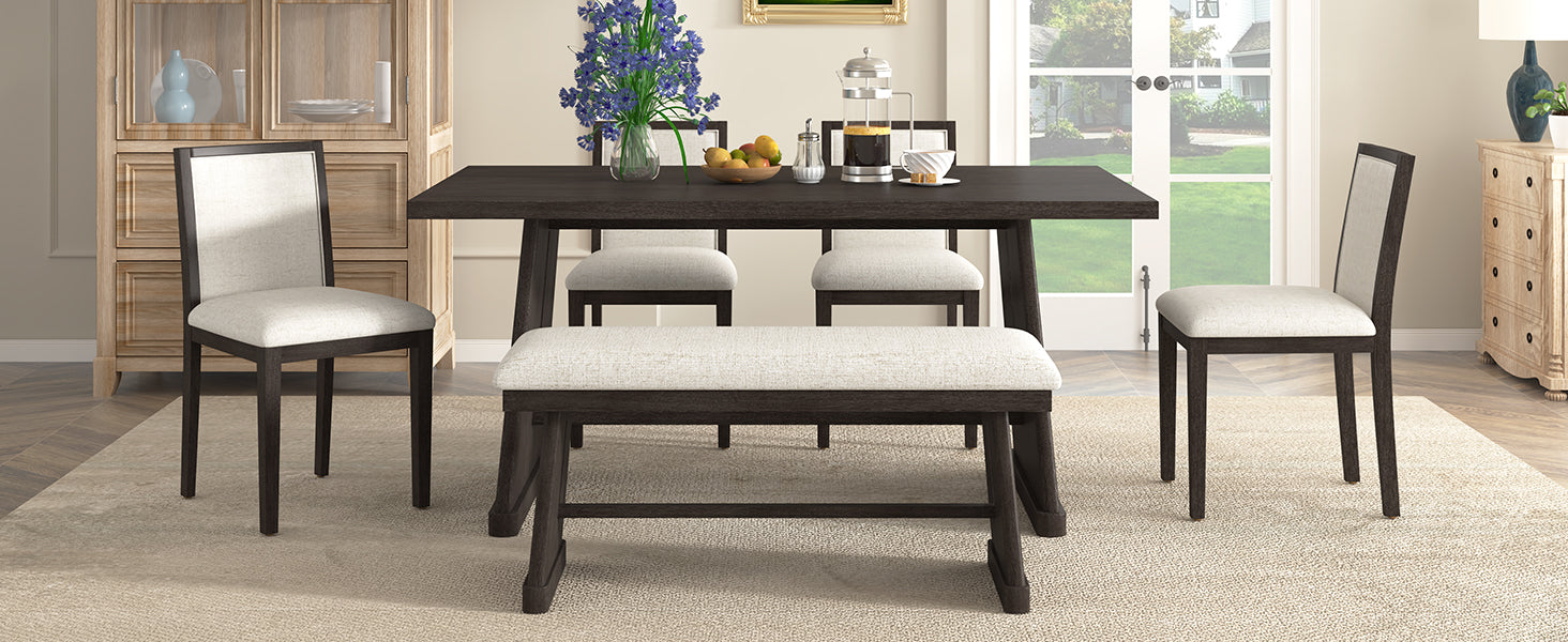 TREXM 6-Piece Rustic Farmhouse Dining Table Set with Wire Brushed Design, Rectangular Dining Table with Trapezoid Legs, 4 Upholstered Linen Chairs & 1 Padded Bench for Dining Room & Kitchen (Espresso)
