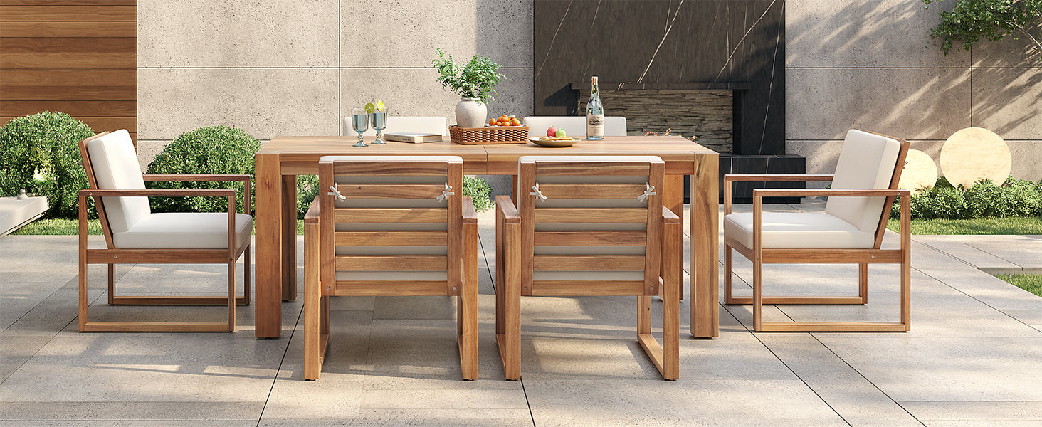 TREXM Patio Table and Chairs Set, Outdoor Dining Set for 6 with Umbrella Hole, 7 Piece Outdoor Patio Furniture Set Wood Frame with Removable Cushion for Garden, Backyard, Lawn, and Poolside