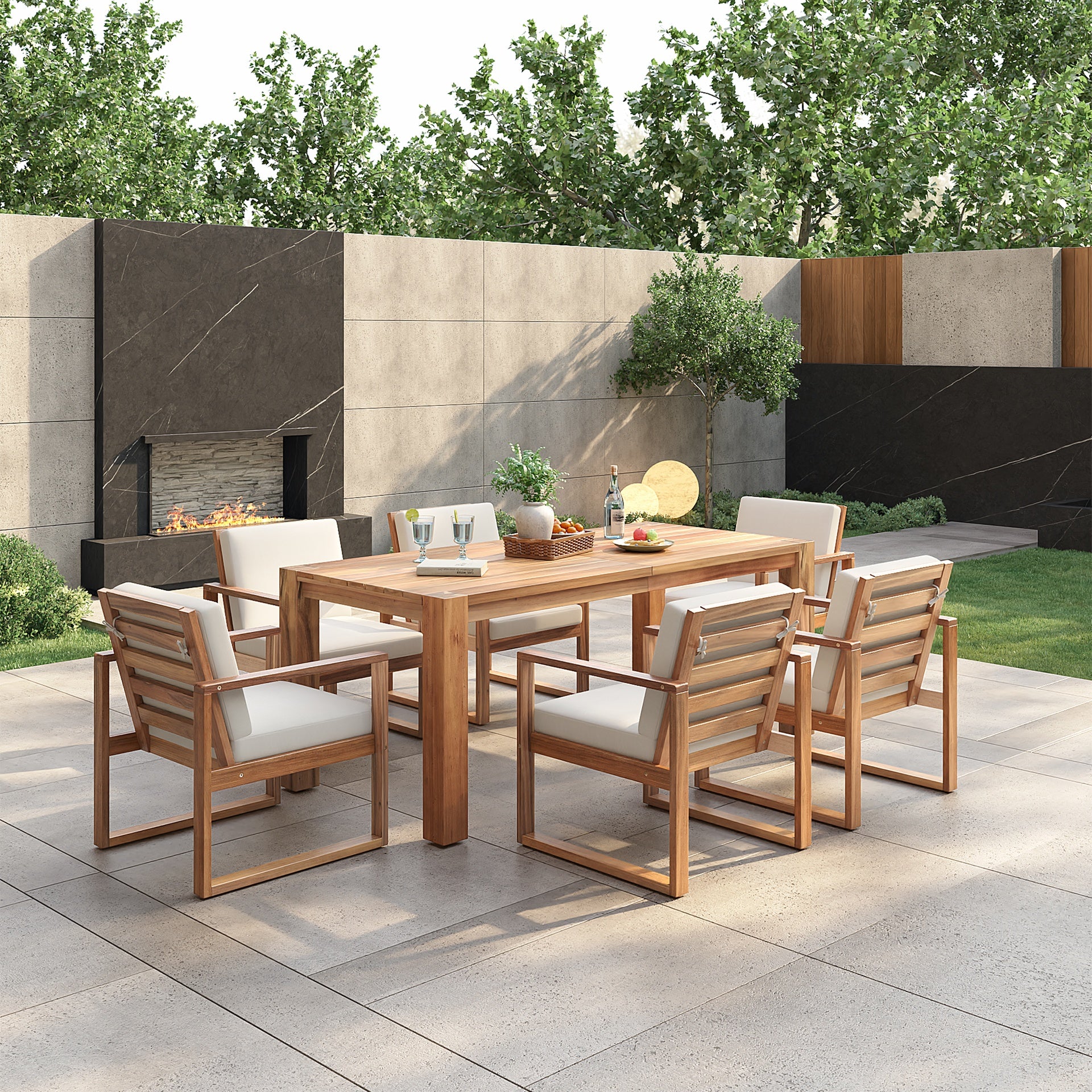 TREXM Patio Table and Chairs Set, Outdoor Dining Set for 6 with Umbrella Hole, 7 Piece Outdoor Patio Furniture Set Wood Frame with Removable Cushion for Garden, Backyard, Lawn, and Poolside