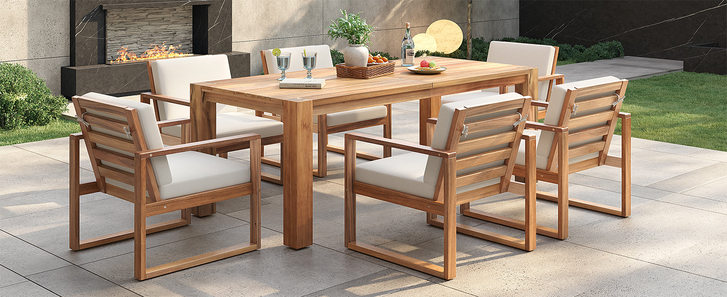 TREXM Patio Table and Chairs Set, Outdoor Dining Set for 6 with Umbrella Hole, 7 Piece Outdoor Patio Furniture Set Wood Frame with Removable Cushion for Garden, Backyard, Lawn, and Poolside
