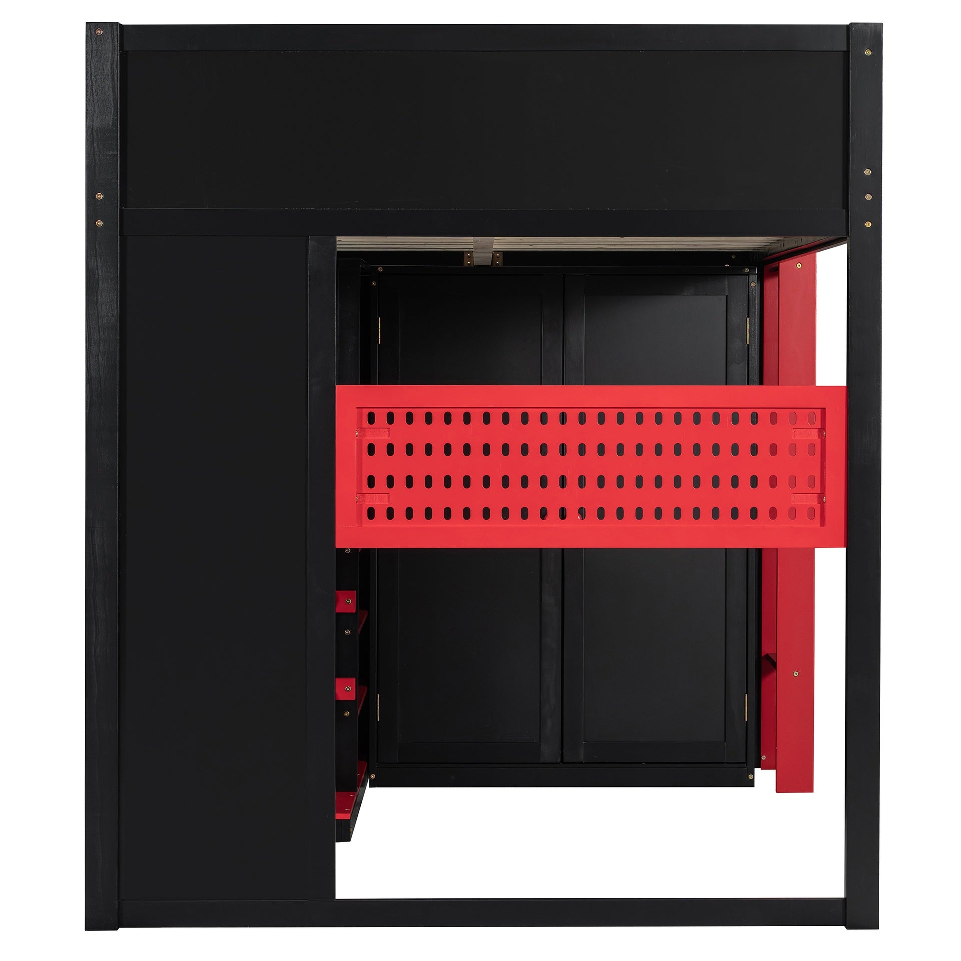 Full Size Wood Loft Bed with Desk, Multi-storage Shelves,USB and RGB Light, Red