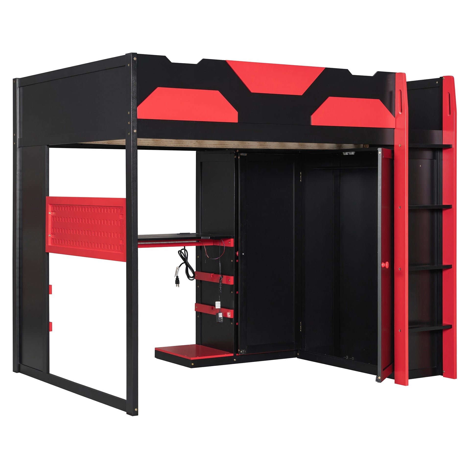 Full Size Wood Loft Bed with Desk, Multi-storage Shelves,USB and RGB Light, Red