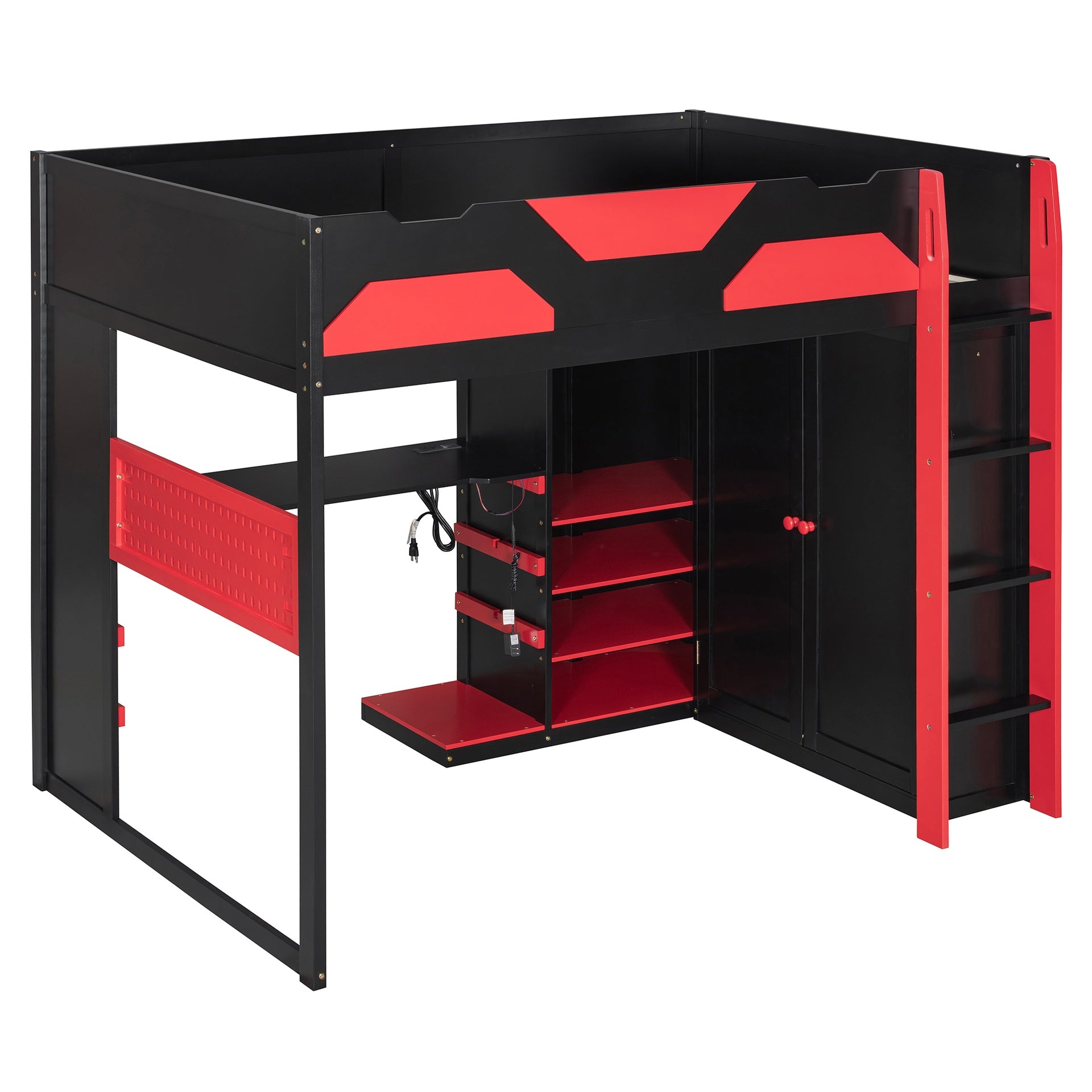 Full Size Wood Loft Bed with Desk, Multi-storage Shelves,USB and RGB Light, Red