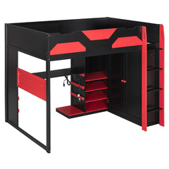 Full Size Wood Loft Bed with Desk, Multi-storage Shelves,USB and RGB Light, Red