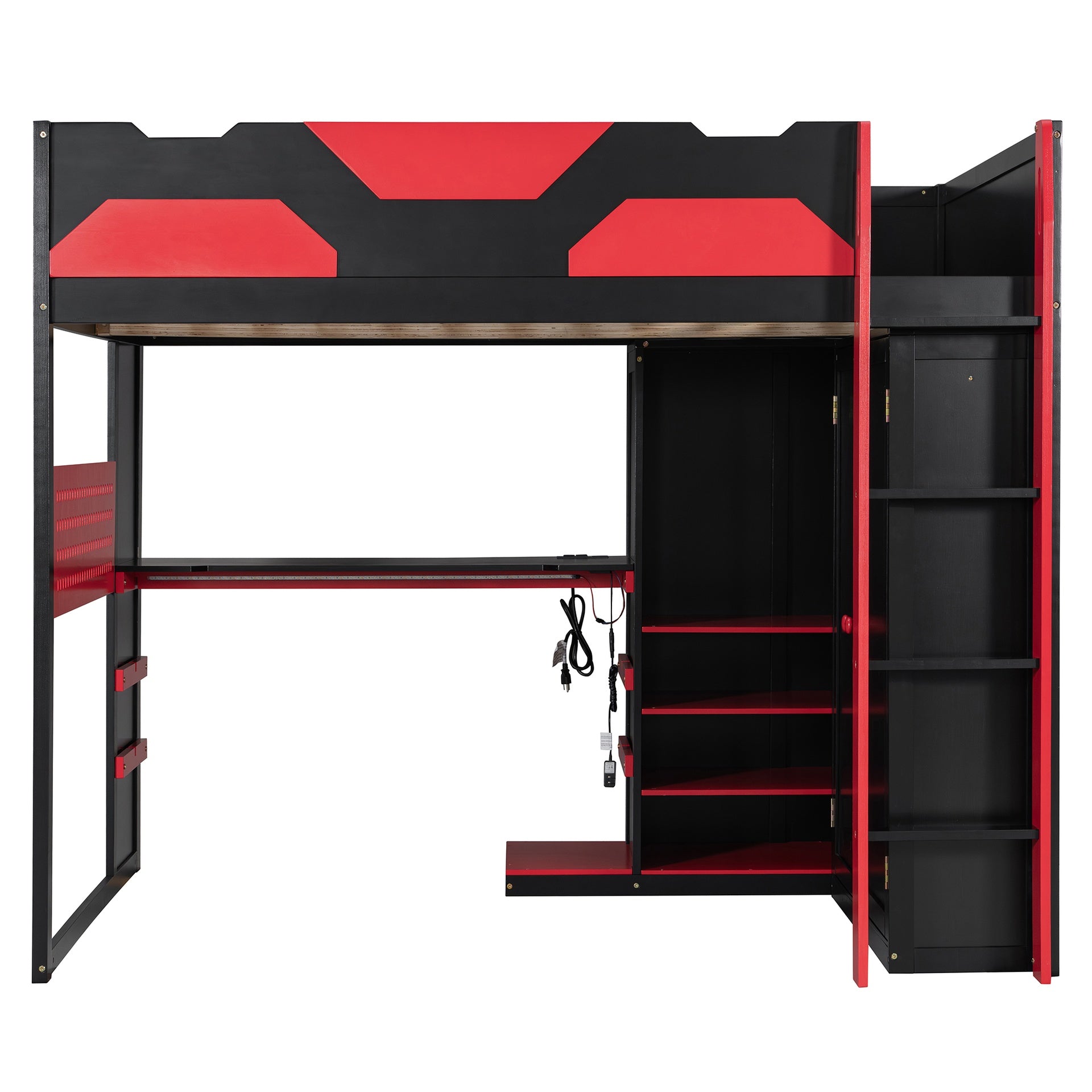 Full Size Wood Loft Bed with Desk, Multi-storage Shelves,USB and RGB Light, Red