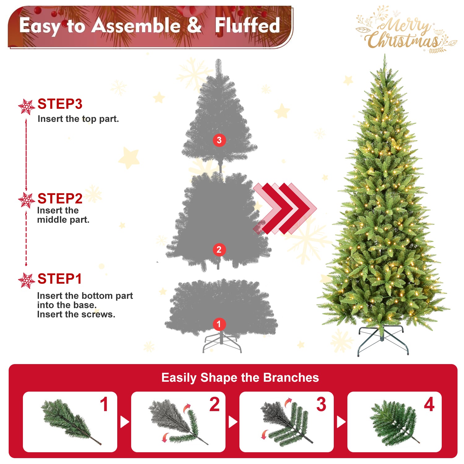 8FT Slim Christmas Tree with 500 Warm White LED Lights – 1612 PE+PVC Tips, Space-Saving Hinged Design, Easy Setup, Sturdy Metal Stand – Realistic Pencil Tree for Small Spaces