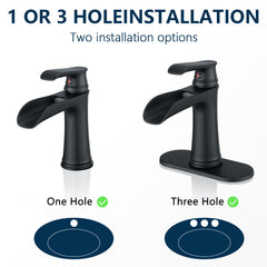 Sink Faucet With Deck Plate Waterfall Black with Pop Up Drain and Supply Lines Bathroom faucets for Sink 1 Hole or 3 Holes One Handle Faucets Vanity Bath Mixer Tap