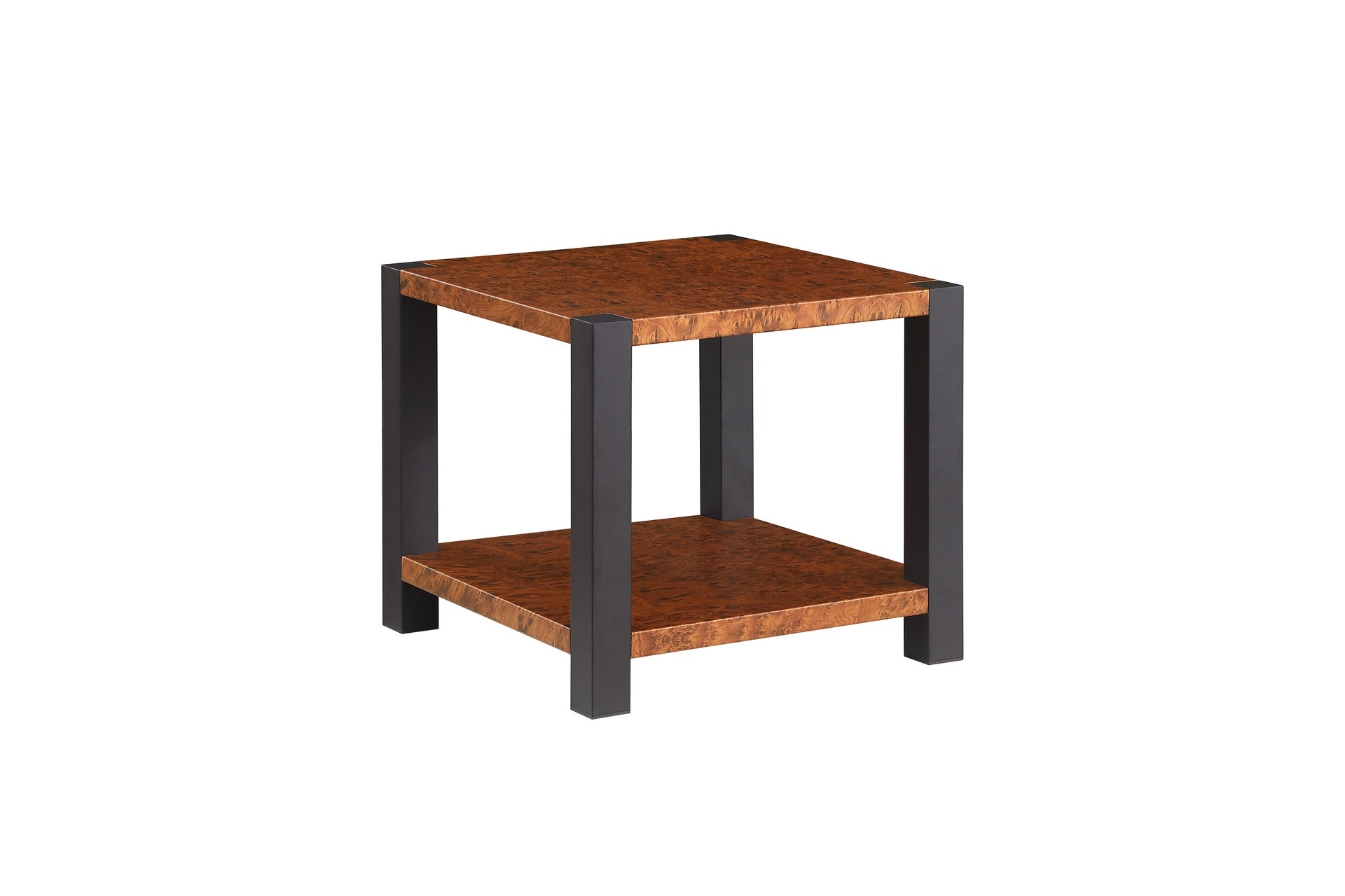 23.6-inch wide square end table, burl wood grain metal countertop, matte black metal double-layer living room end table