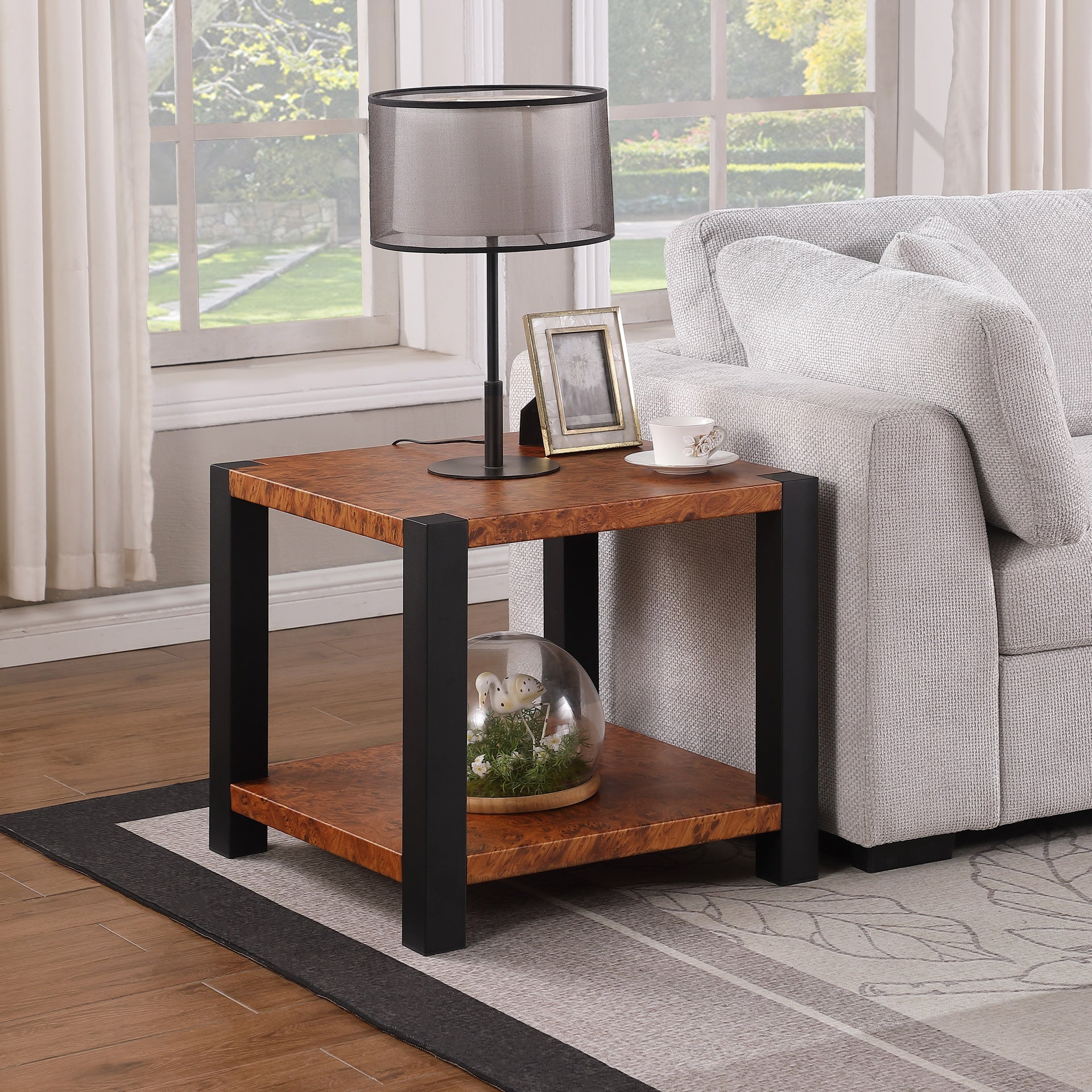 23.6-inch wide square end table, burl wood grain metal countertop, matte black metal double-layer living room end table