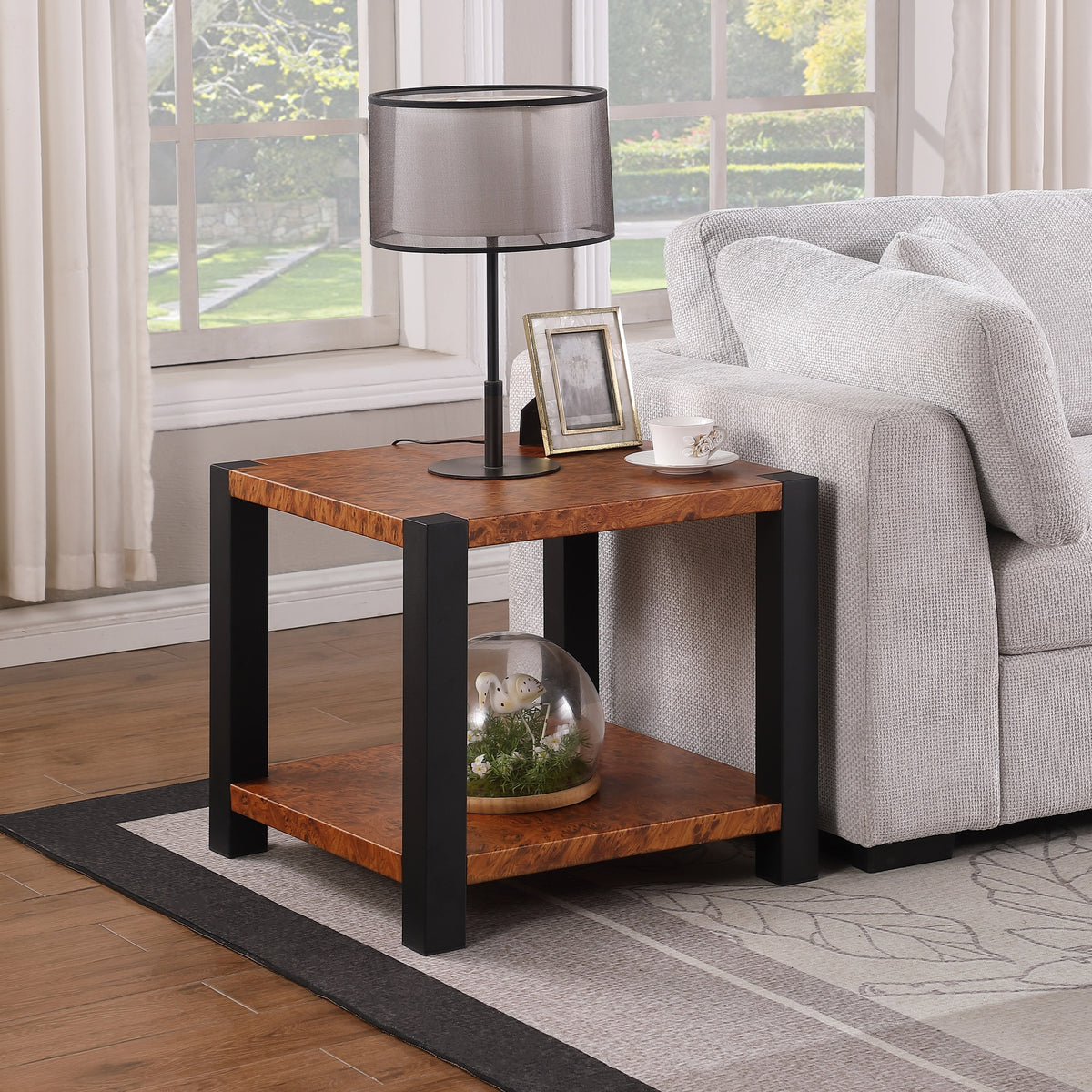 23.6-inch wide square end table, burl wood grain metal countertop, matte black metal double-layer living room end table
