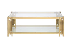 Woker Furniture  48" Wide Rectangular Coffee Table with Glass Top, Golden Stainless Steel Double-Layer Coffee Table for Living Room