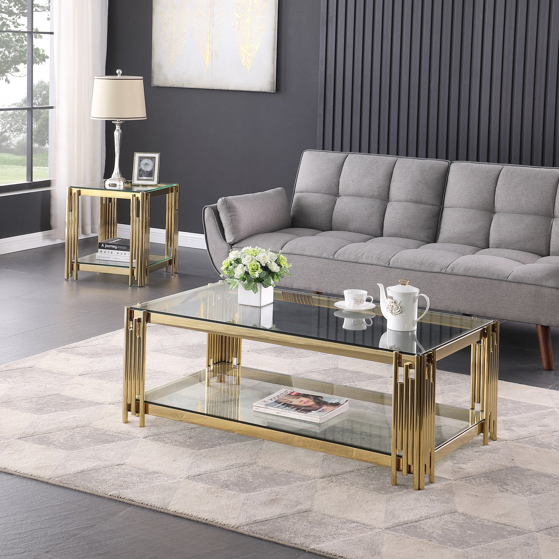Woker Furniture  48" Wide Rectangular Coffee Table with Glass Top, Golden Stainless Steel Double-Layer Coffee Table for Living Room