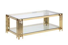 Woker Furniture  48" Wide Rectangular Coffee Table with Glass Top, Golden Stainless Steel Double-Layer Coffee Table for Living Room