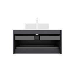 VEDO 36" Bathroom Vanity with Vessel Sink, Wall-Mounted Floating Plywood Striped Bathroom Storage Cabinet with 2 Drawers, White Ceramic Basin and Carrara White Countertop, without Faucet, Gray Color